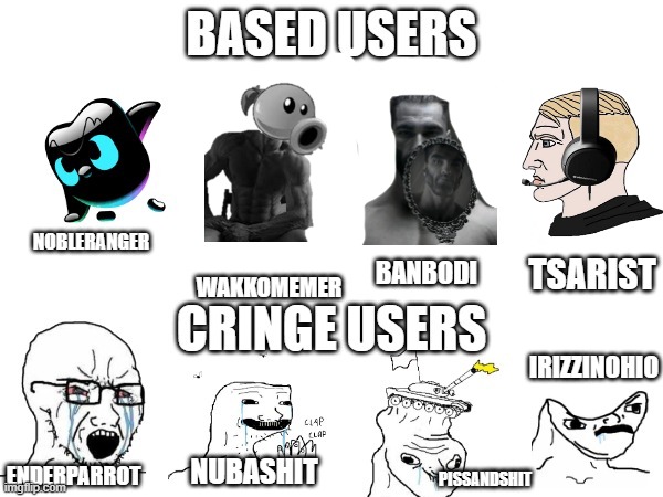 Based users vs Cringe users (HIGHSKYGAMING345 VER | NOBLERANGER; WAKKOMEMER; BANBODI; TSARIST; IRIZZINOHIO; NUBASHIT; ENDERPARROT; PISSANDSHIT | image tagged in based users vs cringe users highskygaming345 ver | made w/ Imgflip meme maker