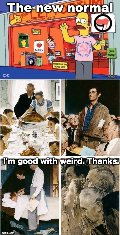 Weird is Normal, Normal is Weird | The new normal; I'm good with weird. Thanks. | image tagged in ned flanders,norman rockwell four freedoms | made w/ Imgflip meme maker