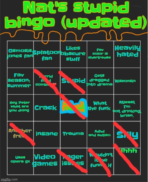 Nat's stupid bingo updated | image tagged in nat's stupid bingo updated | made w/ Imgflip meme maker