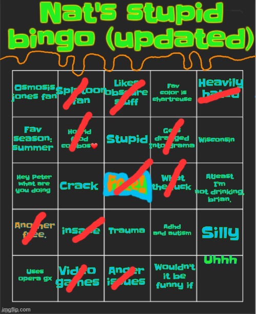 Nat's stupid bingo updated | image tagged in nat's stupid bingo updated | made w/ Imgflip meme maker