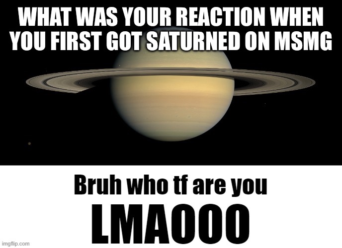 Bruh who tf are you LMAOOO | WHAT WAS YOUR REACTION WHEN YOU FIRST GOT SATURNED ON MSMG | image tagged in bruh who tf are you lmaooo | made w/ Imgflip meme maker