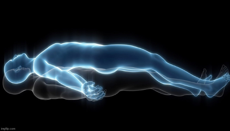 meme image of a person's "soul", colored a light blue, leaving their body