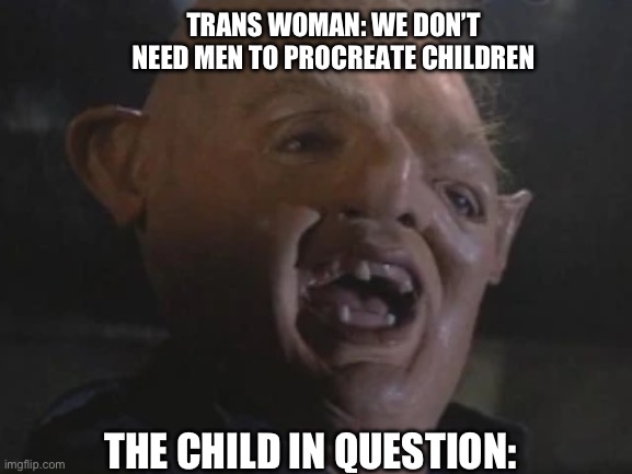 Bonemarrow baby | TRANS WOMAN: WE DON’T NEED MEN TO PROCREATE CHILDREN; THE CHILD IN QUESTION: | image tagged in funny,goonies,sloth goonies,viral,memes,baby | made w/ Imgflip meme maker