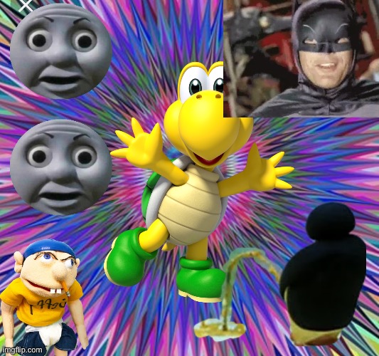 Koopa Troopa's crazy dream | image tagged in trippy,super mario,jeffy,pingu,thomas o face,batman | made w/ Imgflip meme maker