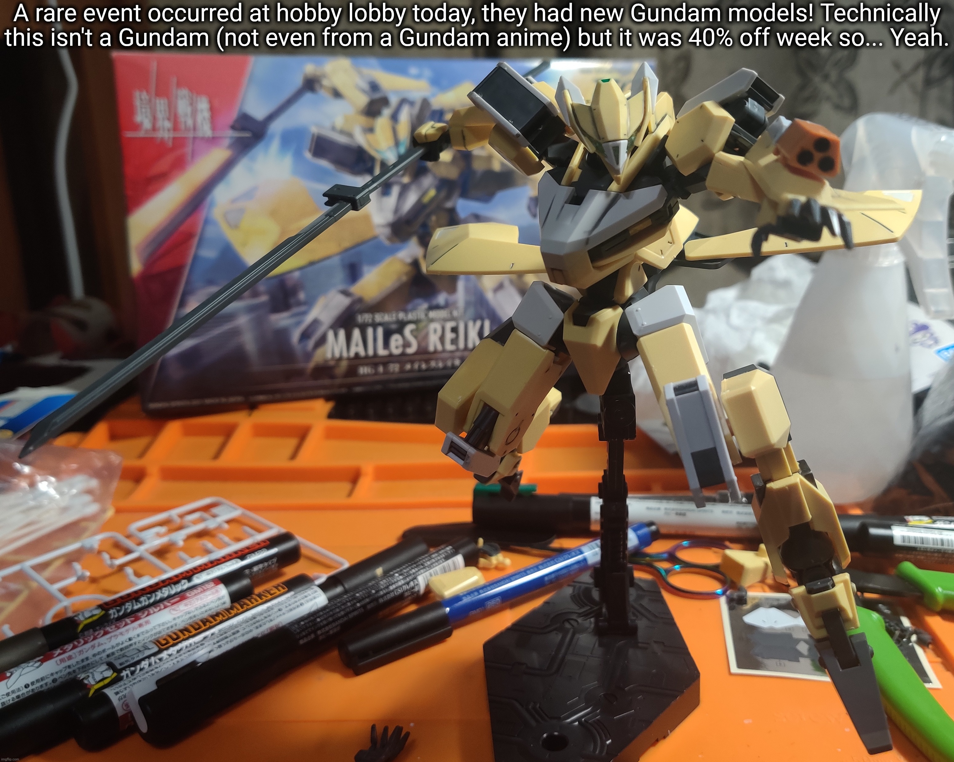 It's been a LONG time since I last built a Kyoukai Senki kit. They're weird, but in a good way. | A rare event occurred at hobby lobby today, they had new Gundam models! Technically this isn't a Gundam (not even from a Gundam anime) but it was 40% off week so... Yeah. | made w/ Imgflip meme maker