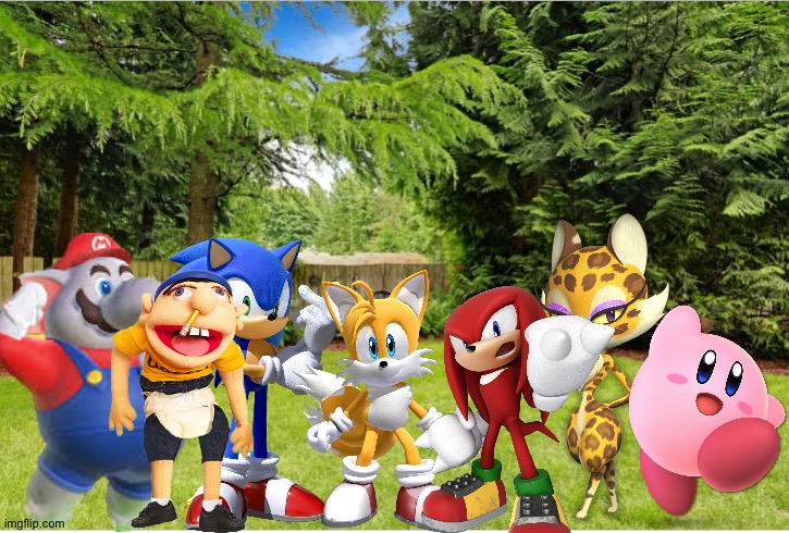 Elephant mario and Friends having a party at their backyard | image tagged in sunny backyard,super mario,kirby,sonic the hedgehog,crossover,jeffy | made w/ Imgflip meme maker