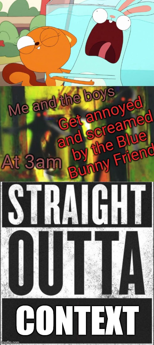 Straight Outta Context 1 | Me and the boys; Get annoyed and screamed by the Blue Bunny Friend; At 3am; CONTEXT | image tagged in me and the boys at 2am looking for x,straight outta x blank template,kiff,screaming,meme,straight outta context | made w/ Imgflip meme maker