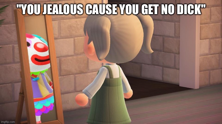 Animal crossing mirror clown | "YOU JEALOUS CAUSE YOU GET NO DICK" | image tagged in animal crossing mirror clown | made w/ Imgflip meme maker