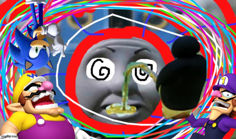 Thomas's Wacky dream | image tagged in o face,wario,waluigi,pingu,sonic the hedgehog,crossover | made w/ Imgflip meme maker