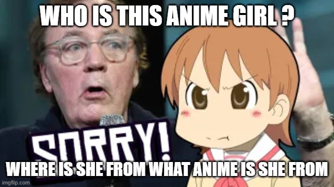 anime questions | WHO IS THIS ANIME GIRL ? WHERE IS SHE FROM WHAT ANIME IS SHE FROM | image tagged in sorry anime,anime,questions,animeme,where's waldo,girl | made w/ Imgflip meme maker