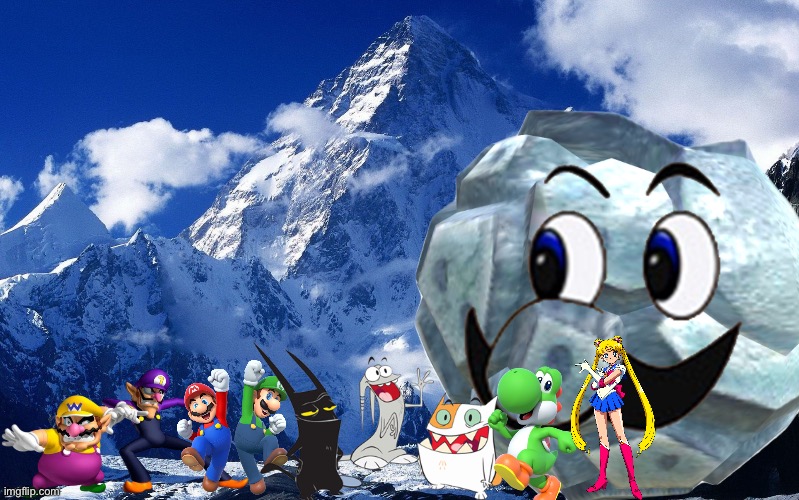 Wario and Friends dies by a Weegee-Faced Rocky while exploring at the mountains | image tagged in mountain landscape,crossover,wario dies | made w/ Imgflip meme maker