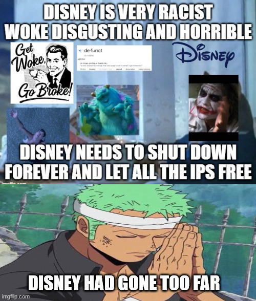 zoro hates disney | DISNEY HAD GONE TOO FAR | image tagged in woke disney,zoro,disney,anime meme,defeat,shut up | made w/ Imgflip meme maker