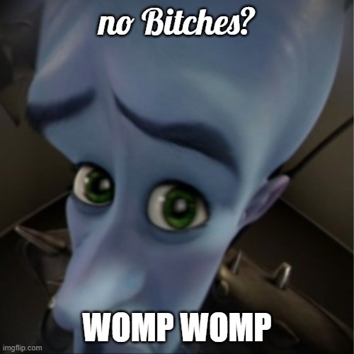 Megamind peeking | no Bitches? WOMP WOMP | image tagged in megamind peeking | made w/ Imgflip meme maker