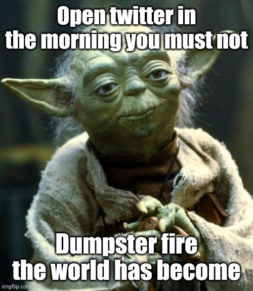 Internet yoda | Open twitter in the morning you must not; Dumpster fire the world has become | image tagged in memes | made w/ Imgflip meme maker