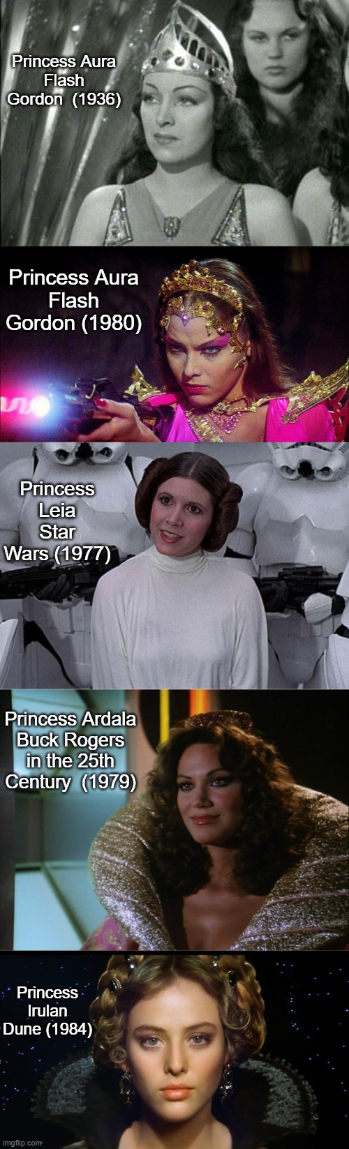 Some Princesses in Science Fiction | Princess Aura
Flash Gordon  (1936); Princess Aura
Flash Gordon (1980); Princess Leia
Star Wars (1977); Princess Ardala
Buck Rogers in the 25th Century  (1979); Princess Irulan
Dune (1984) | image tagged in princess leia,flash gordon,star wars,buck rogers,dune | made w/ Imgflip meme maker