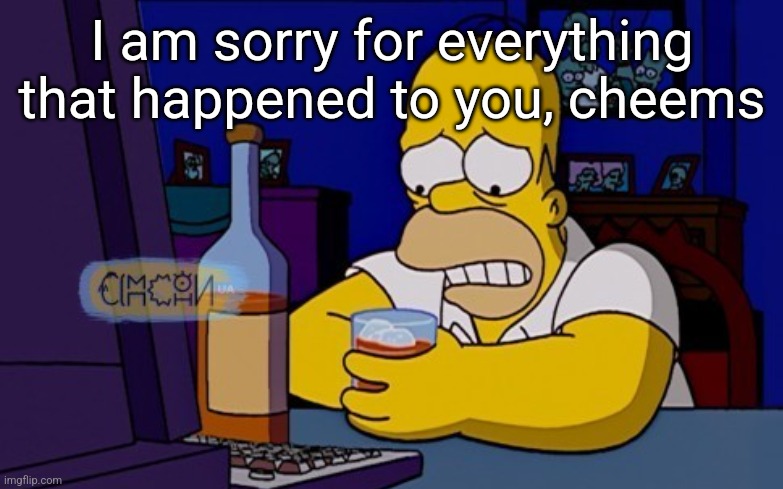 Homer sad | I am sorry for everything that happened to you, cheems | image tagged in homer sad | made w/ Imgflip meme maker