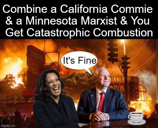 Destruction Ahead | Combine a California Commie 
& a Minnesota Marxist & You 
Get Catastrophic Combustion; It's Fine | image tagged in kamala harris,tim walz,commie,marxist,danger zone,what could go wrong | made w/ Imgflip meme maker