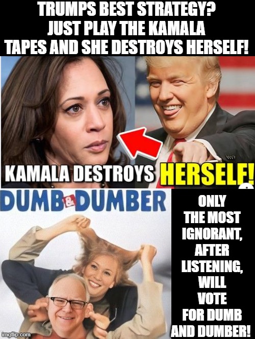 Trumps best strategy? Let Kamala destroy herself. | TRUMPS BEST STRATEGY? JUST PLAY THE KAMALA TAPES AND SHE DESTROYS HERSELF! ONLY THE MOST IGNORANT, AFTER LISTENING, WILL VOTE FOR DUMB AND DUMBER! | image tagged in dumb and dumber,strategy | made w/ Imgflip meme maker