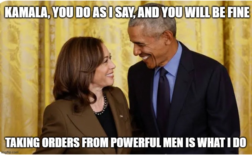 We all know it; most are just afraid to admit it | KAMALA, YOU DO AS I SAY, AND YOU WILL BE FINE; TAKING ORDERS FROM POWERFUL MEN IS WHAT I DO | image tagged in kamala obama,democrat war on america,deep state,obama puppet,america in decline,uber woke | made w/ Imgflip meme maker