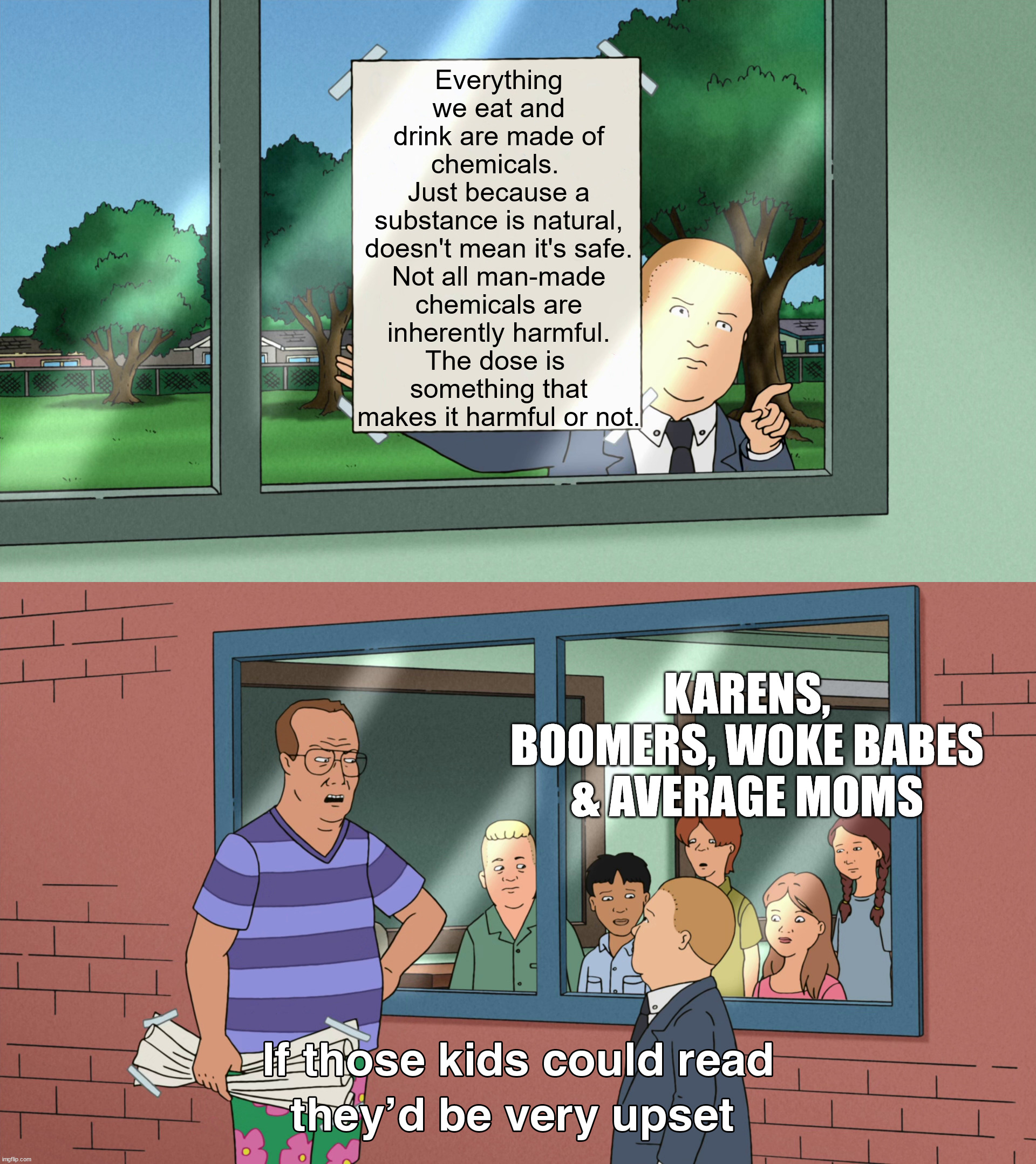 If only these people actually pay attention during classes and stop living in fear. | Everything we eat and drink are made of chemicals. 
Just because a
substance is natural,
doesn't mean it's safe.
Not all man-made
chemicals are
inherently harmful.
The dose is 
something that makes it harmful or not. KARENS, BOOMERS, WOKE BABES & AVERAGE MOMS | image tagged in chemistry,if those kids could read they'd be very upset,politically incorrect,science,truth,common sense | made w/ Imgflip meme maker