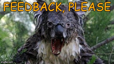 Angry Koala | FEEDBACK, PLEASE | image tagged in memes,angry koala | made w/ Imgflip meme maker