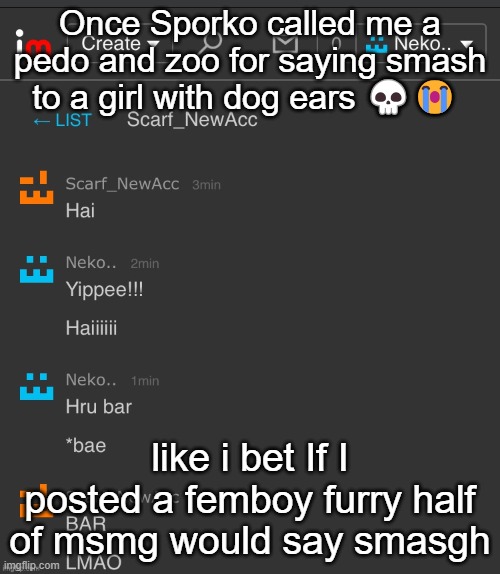 Once Sporko called me a pedo and zoo for saying smash to a girl with dog ears 💀😭; like i bet If I posted a femboy furry half of msmg would say smasgh | image tagged in neko hello bar | made w/ Imgflip meme maker