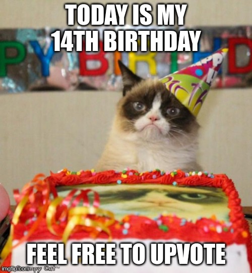 it's optional | TODAY IS MY 14TH BIRTHDAY; FEEL FREE TO UPVOTE | image tagged in memes,grumpy cat birthday,grumpy cat | made w/ Imgflip meme maker