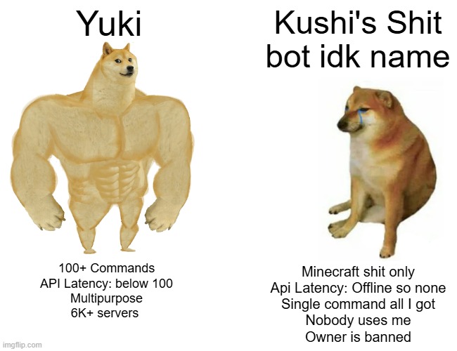 Yuki vs Dumbot | Yuki; Kushi's Shit bot idk name; 100+ Commands
API Latency: below 100
Multipurpose
6K+ servers; Minecraft shit only
Api Latency: Offline so none
Single command all I got
Nobody uses me
Owner is banned | image tagged in memes,buff doge vs cheems | made w/ Imgflip meme maker