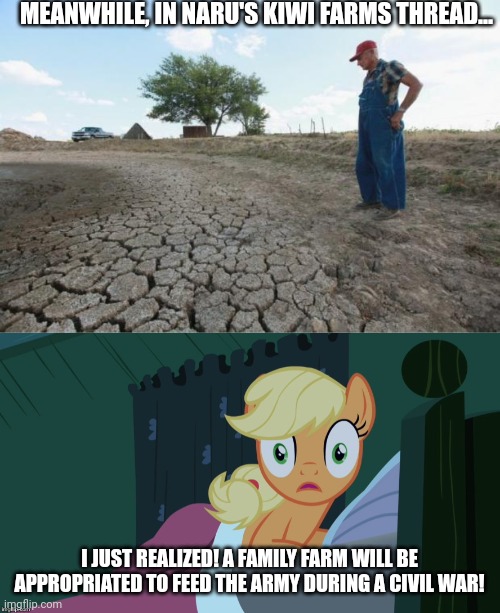 Image tagged in drought farmer,applejack shocked in bed