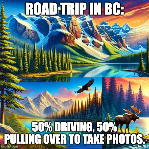 ROAD TRIP IN BC:; 50% DRIVING, 50% PULLING OVER TO TAKE PHOTOS. | image tagged in meanwhile in canada | made w/ Imgflip meme maker