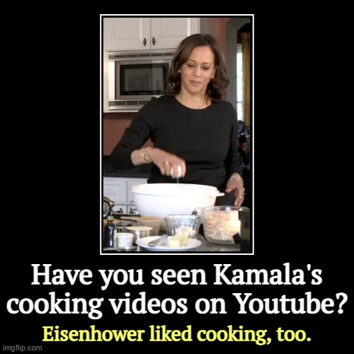 You'll like the ones where she cooks red meat on a gas stove. Sorry, JD. | Have you seen Kamala's cooking videos on Youtube? | Eisenhower liked cooking, too. | image tagged in funny,demotivationals,presidents,cooking,kamala harris,youtube | made w/ Imgflip demotivational maker