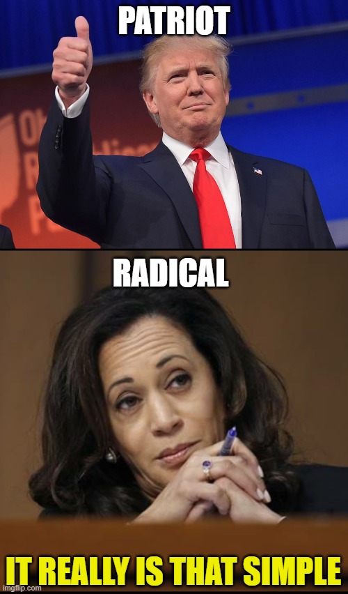 Vote Accordingly | PATRIOT; RADICAL; IT REALLY IS THAT SIMPLE | image tagged in donald trump,kamala harris,presidential electiontion,patriotic,radical leftist,vote | made w/ Imgflip meme maker