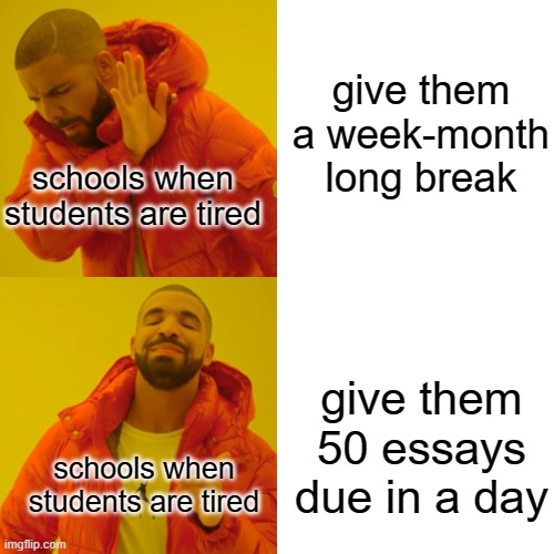 idk what to call dis | give them a week-month long break; schools when students are tired; give them 50 essays due in a day; schools when students are tired | image tagged in memes,drake hotline bling | made w/ Imgflip meme maker