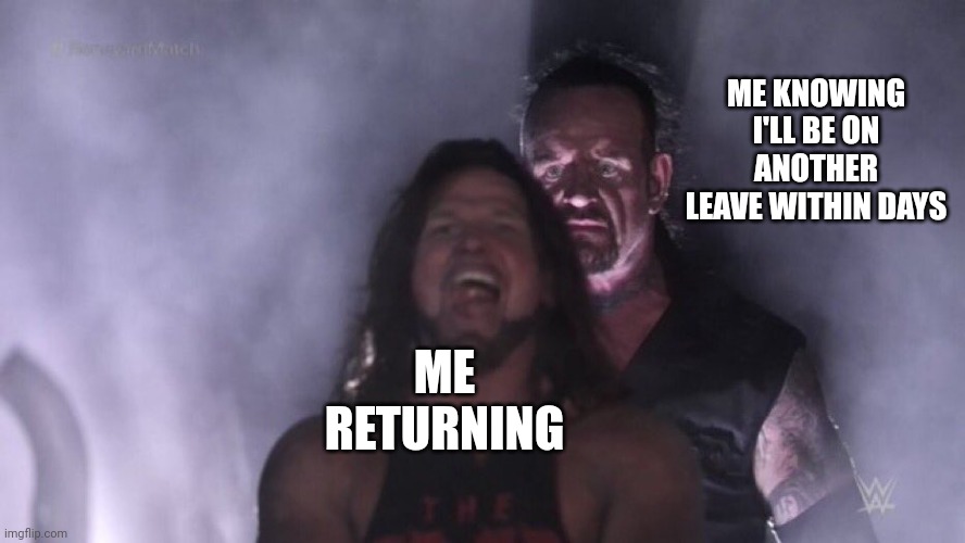 >:3 | ME KNOWING I'LL BE ON ANOTHER LEAVE WITHIN DAYS; ME RETURNING | image tagged in i exist | made w/ Imgflip meme maker