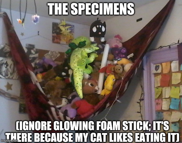 Plushie collection reveal (being held by mcr blanket) | THE SPECIMENS; (IGNORE GLOWING FOAM STICK; IT'S THERE BECAUSE MY CAT LIKES EATING IT) | made w/ Imgflip meme maker