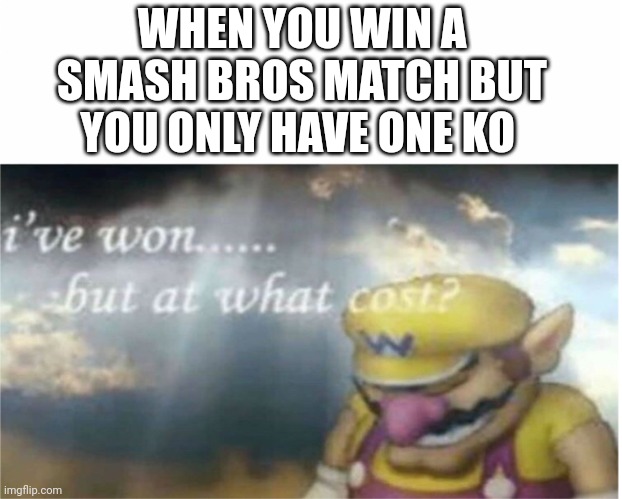 I bet the opponent fell off the map | WHEN YOU WIN A SMASH BROS MATCH BUT YOU ONLY HAVE ONE KO | image tagged in i won but at what cost | made w/ Imgflip meme maker