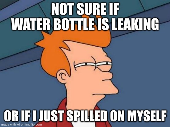 Futurama Fry Meme | NOT SURE IF WATER BOTTLE IS LEAKING; OR IF I JUST SPILLED ON MYSELF | image tagged in memes,futurama fry | made w/ Imgflip meme maker