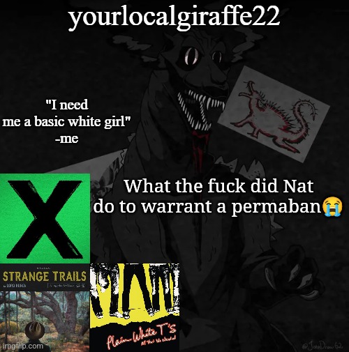 yourlocalgiraffe22 | What the fuck did Nat do to warrant a permaban😭 | image tagged in yourlocalgiraffe22 | made w/ Imgflip meme maker