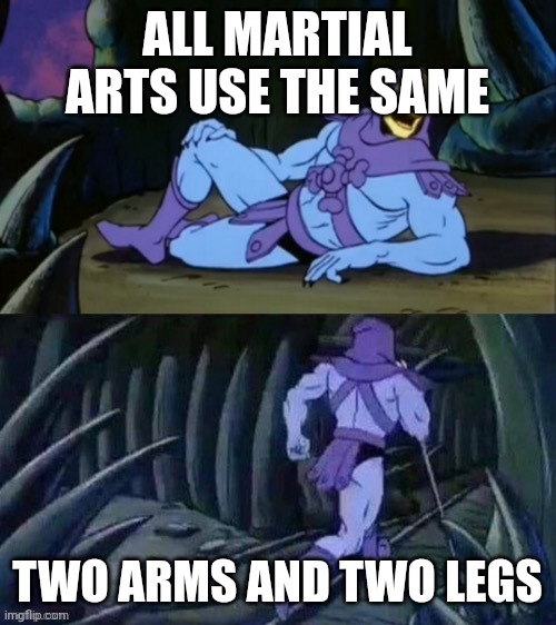 Skeletor disturbing facts | ALL MARTIAL ARTS USE THE SAME; TWO ARMS AND TWO LEGS | image tagged in skeletor disturbing facts | made w/ Imgflip meme maker