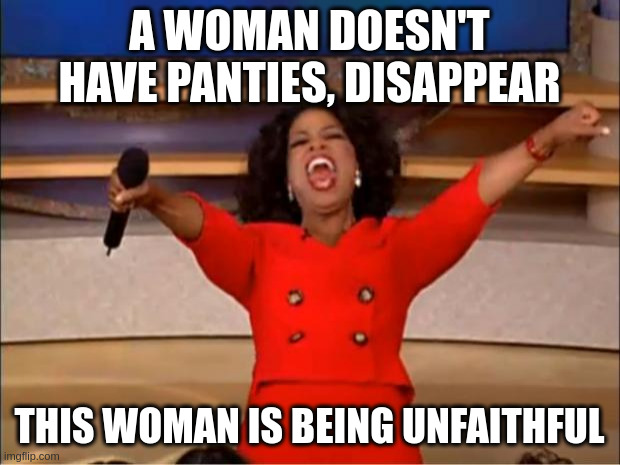 unfaithful | A WOMAN DOESN'T HAVE PANTIES, DISAPPEAR; THIS WOMAN IS BEING UNFAITHFUL | image tagged in memes,oprah you get a | made w/ Imgflip meme maker