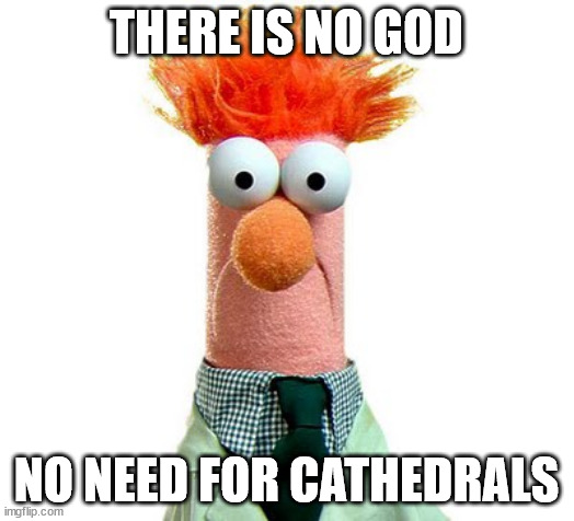 Beaker Muppets | THERE IS NO GOD; NO NEED FOR CATHEDRALS | image tagged in beaker muppets | made w/ Imgflip meme maker