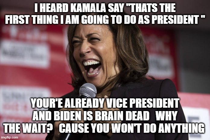 Kamala laughing | I HEARD KAMALA SAY "THATS THE FIRST THING I AM GOING TO DO AS PRESIDENT "; YOUR'E ALREADY VICE PRESIDENT AND BIDEN IS BRAIN DEAD   WHY THE WAIT?   CAUSE YOU WON'T DO ANYTHING | image tagged in kamala laughing | made w/ Imgflip meme maker