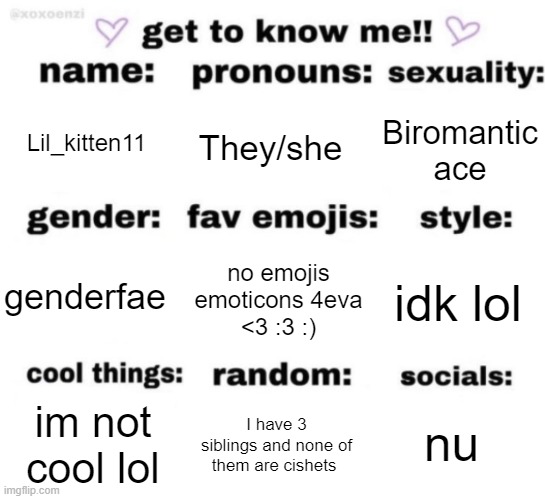 get to know me but better | Lil_kitten11; They/she; Biromantic ace; no emojis
emoticons 4eva
<3 :3 :); idk lol; genderfae; nu; I have 3 siblings and none of them are cishets; im not cool lol | image tagged in get to know me but better | made w/ Imgflip meme maker