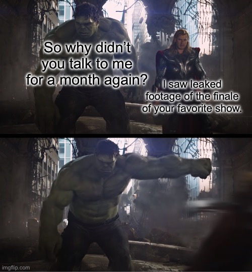 Hulk Punches Thor | So why didn’t you talk to me for a month again? I saw leaked footage of the finale of your favorite show. | image tagged in hulk punches thor,leaks,tv show | made w/ Imgflip meme maker