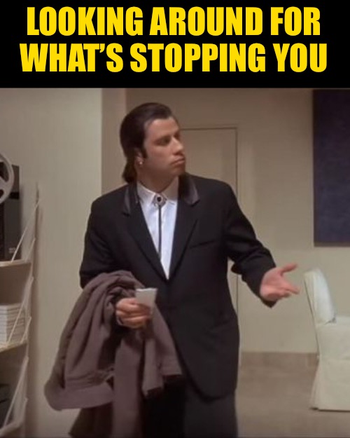 Confused Travolta | LOOKING AROUND FOR
WHAT’S STOPPING YOU | image tagged in confused travolta | made w/ Imgflip meme maker