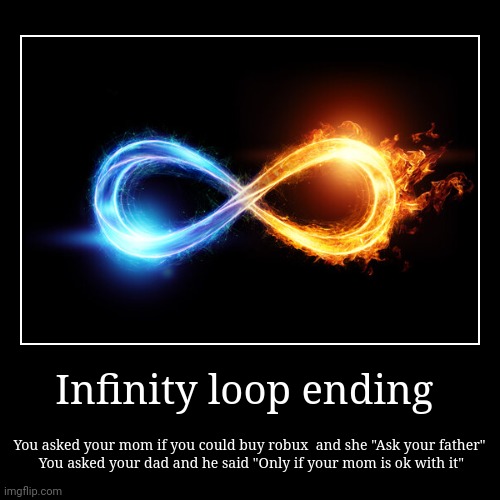 legend says this loop still goes on to this day | Infinity loop ending | You asked your mom if you could buy robux  and she "Ask your father"
 You asked your dad and he said "Only if your mo | image tagged in funny,demotivationals | made w/ Imgflip demotivational maker