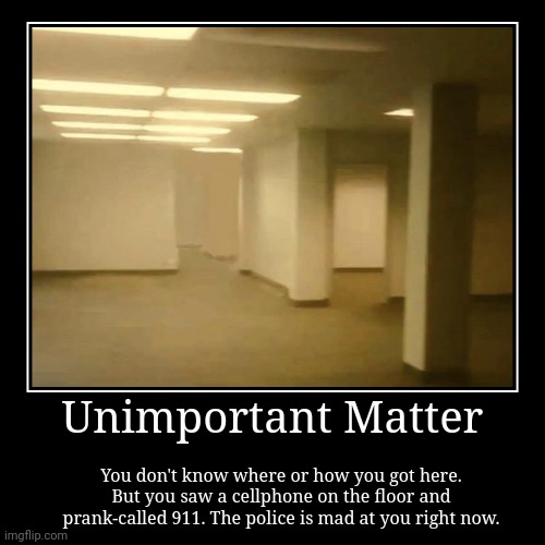 Unimportant Matter. | Unimportant Matter | You don't know where or how you got here. But you saw a cellphone on the floor and prank-called 911. The police is mad  | image tagged in funny,demotivationals | made w/ Imgflip demotivational maker