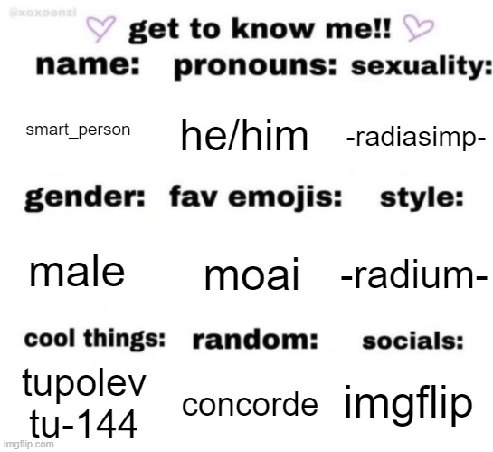 get to know me but better | smart_person; he/him; -radiasimp-; moai; -radium-; male; imgflip; concorde; tupolev tu-144 | image tagged in get to know me but better | made w/ Imgflip meme maker