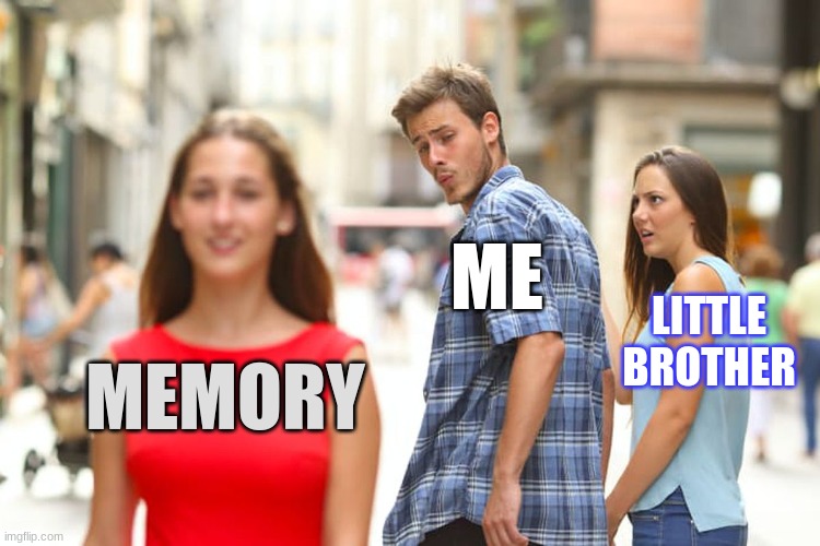 Distracted Boyfriend | ME; LITTLE BROTHER; MEMORY | image tagged in memes,distracted boyfriend | made w/ Imgflip meme maker