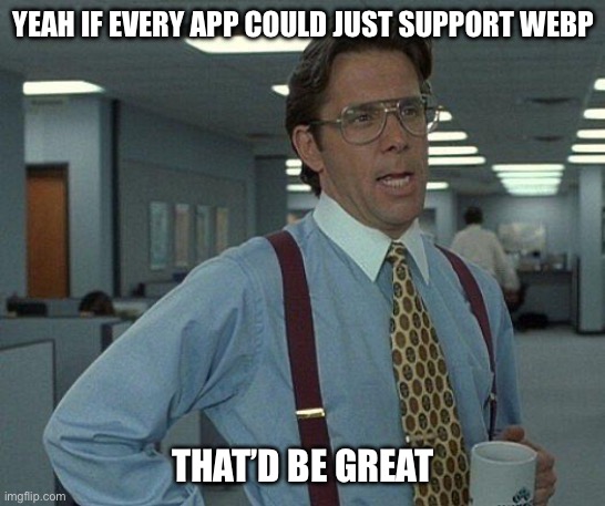 Googles WEBP and Apples HEIC are really annoying when nobody supports them | YEAH IF EVERY APP COULD JUST SUPPORT WEBP; THAT’D BE GREAT | image tagged in yeah if you could,webp,heic,image format | made w/ Imgflip meme maker